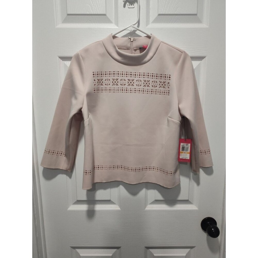 Vince Camuto Women’s Beige Mock Neck Laser Cut Out Blouse, 3/4 Sleeve Size Small